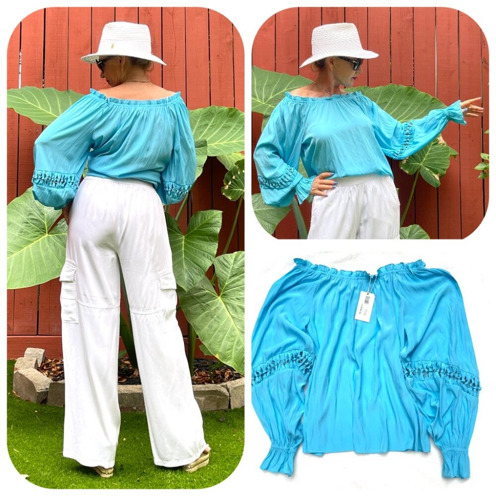 NWT $385 RAMY BROOK Lili Off The Shoulder Turquoise Top M